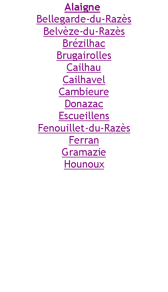 Zone de Texte: Alaigne Bellegarde-du-RazsBelvze-du-RazsBrzilhacBrugairollesCailhauCailhavelCambieureDonazacEscueillensFenouillet-du-RazsFerranGramazieHounoux