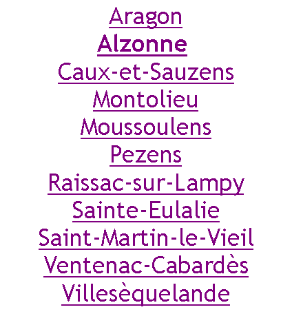 Zone de Texte: AragonAlzonne Caux-et-SauzensMontolieuMoussoulensPezensRaissac-sur-LampySainte-EulalieSaint-Martin-le-VieilVentenac-CabardsVillesquelande