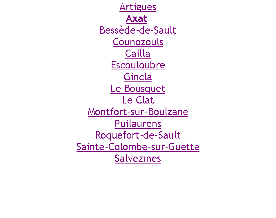 Zone de Texte: ArtiguesAxat Bessde-de-SaultCounozoulsCaillaEscouloubreGinclaLe BousquetLe ClatMontfort-sur-BoulzanePuilaurensRoquefort-de-SaultSainte-Colombe-sur-GuetteSalvezines