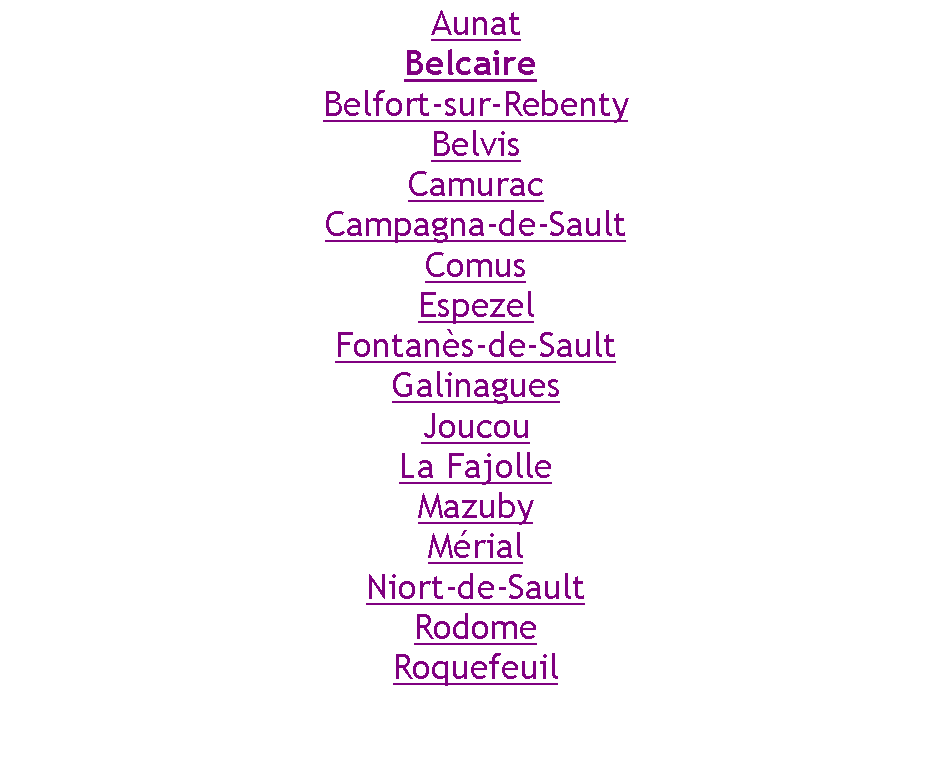 Zone de Texte: AunatBelcaire Belfort-sur-RebentyBelvisCamuracCampagna-de-SaultComusEspezelFontans-de-SaultGalinaguesJoucouLa FajolleMazubyMrialNiort-de-SaultRodomeRoquefeuil