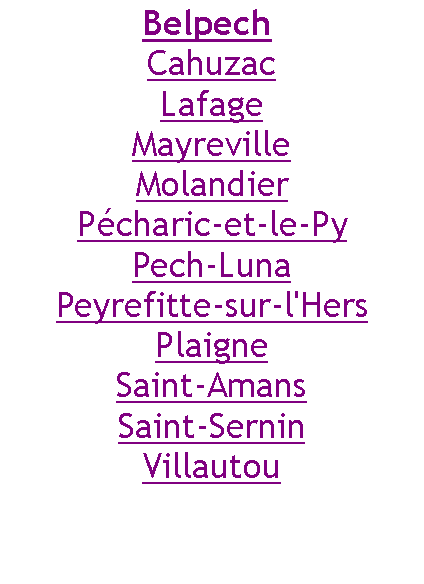 Zone de Texte: Belpech CahuzacLafageMayrevilleMolandierPcharic-et-le-PyPech-LunaPeyrefitte-sur-l'HersPlaigneSaint-AmansSaint-SerninVillautou