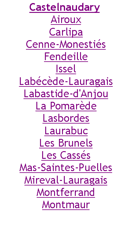 Zone de Texte: Castelnaudary AirouxCarlipaCenne-MonestisFendeilleIsselLabcde-LauragaisLabastide-d'AnjouLa PomardeLasbordesLaurabucLes BrunelsLes CasssMas-Saintes-PuellesMireval-LauragaisMontferrandMontmaur