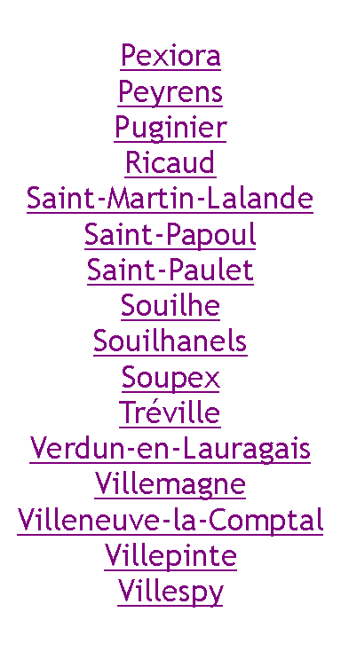 Zone de Texte: PexioraPeyrensPuginierRicaudSaint-Martin-LalandeSaint-PapoulSaint-PauletSouilheSouilhanelsSoupexTrvilleVerdun-en-LauragaisVillemagneVilleneuve-la-ComptalVillepinteVillespy