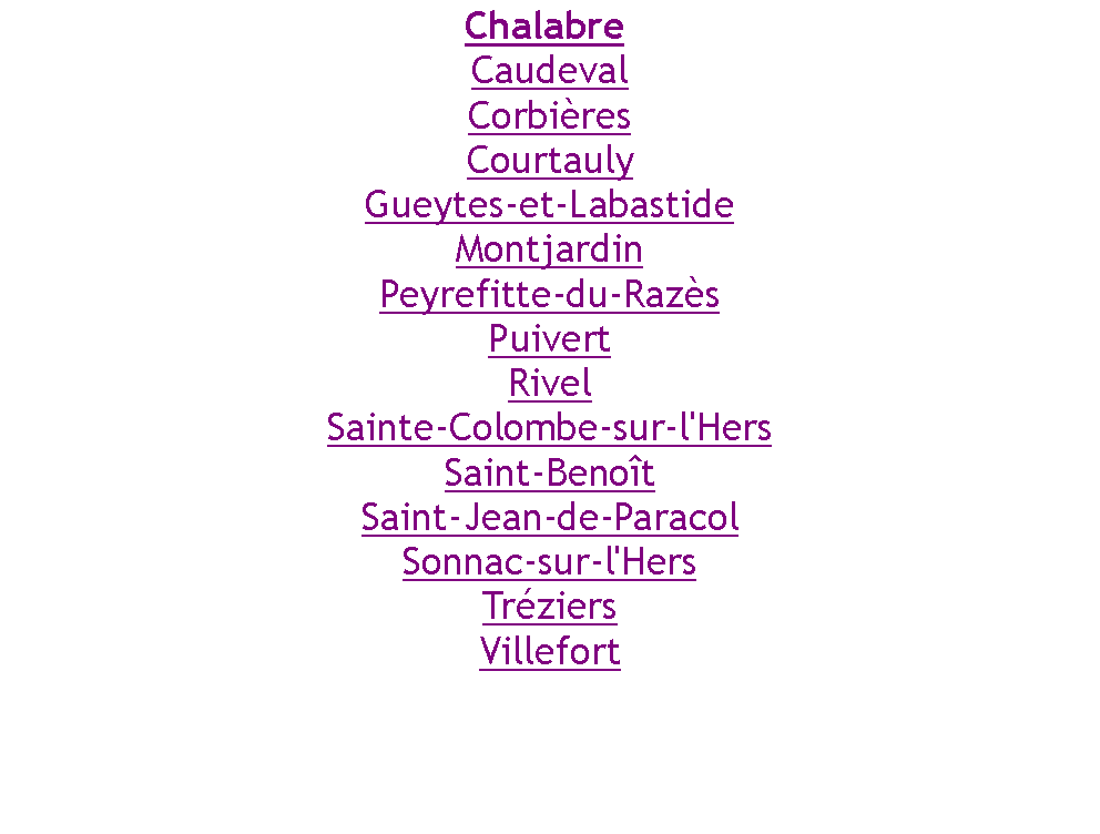 Zone de Texte: Chalabre CaudevalCorbièresCourtaulyGueytes-et-LabastideMontjardinPeyrefitte-du-RazèsPuivertRivelSainte-Colombe-sur-l'HersSaint-BenoîtSaint-Jean-de-ParacolSonnac-sur-l'HersTréziersVillefort