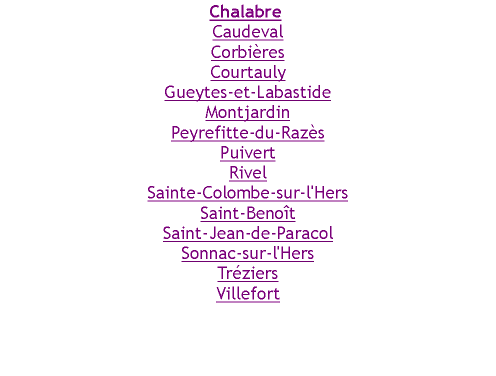 Zone de Texte: Chalabre CaudevalCorbiresCourtaulyGueytes-et-LabastideMontjardinPeyrefitte-du-RazsPuivertRivelSainte-Colombe-sur-l'HersSaint-BenotSaint-Jean-de-ParacolSonnac-sur-l'HersTrziersVillefort
