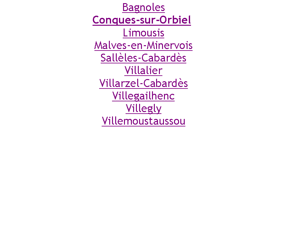 Zone de Texte: BagnolesConques-sur-Orbiel LimousisMalves-en-MinervoisSallèles-CabardèsVillalierVillarzel-CabardèsVillegailhencVilleglyVillemoustaussou