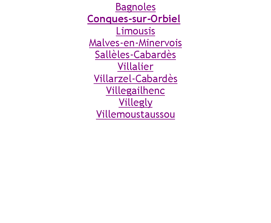 Zone de Texte: BagnolesConques-sur-Orbiel LimousisMalves-en-MinervoisSallles-CabardsVillalierVillarzel-CabardsVillegailhencVilleglyVillemoustaussou