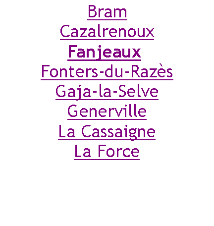 Zone de Texte: BramCazalrenouxFanjeaux Fonters-du-RazèsGaja-la-SelveGenervilleLa CassaigneLa Force