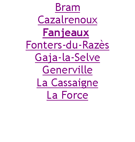 Zone de Texte: BramCazalrenouxFanjeaux Fonters-du-RazsGaja-la-SelveGenervilleLa CassaigneLa Force