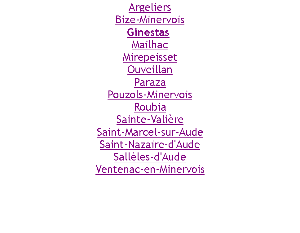Zone de Texte: ArgeliersBize-MinervoisGinestas MailhacMirepeissetOuveillanParazaPouzols-MinervoisRoubiaSainte-ValireSaint-Marcel-sur-AudeSaint-Nazaire-d'AudeSallles-d'AudeVentenac-en-Minervois