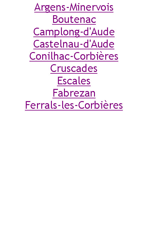 Zone de Texte: Argens-MinervoisBoutenacCamplong-d'AudeCastelnau-d'AudeConilhac-CorbièresCruscadesEscalesFabrezanFerrals-les-Corbières