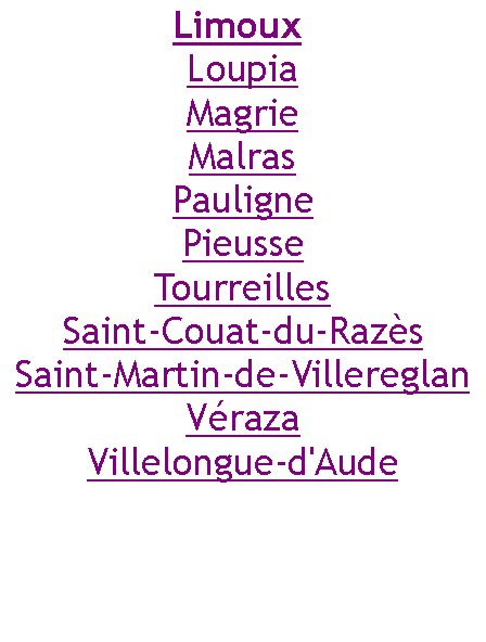 Zone de Texte: Limoux LoupiaMagrieMalrasPaulignePieusseTourreillesSaint-Couat-du-RazèsSaint-Martin-de-VillereglanVérazaVillelongue-d'Aude