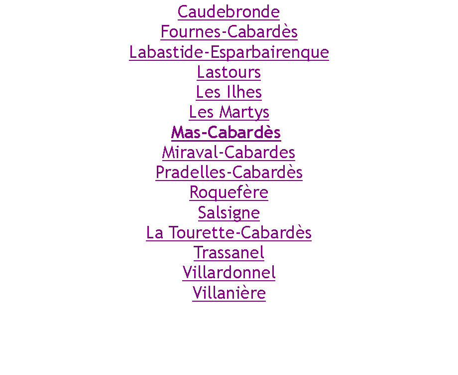 Zone de Texte: CaudebrondeFournes-CabardsLabastide-EsparbairenqueLastoursLes IlhesLes MartysMas-Cabards Miraval-CabardesPradelles-CabardsRoquefreSalsigneLa Tourette-CabardsTrassanelVillardonnelVillanire