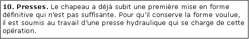 Zone de Texte: 10. Presses. Le chapeau a dj subit une premire mise en forme dfinitive qui nest pas suffisante. Pour quil conserve la forme voulue, il est soumis au travail dune presse hydraulique qui se charge de cette opration.