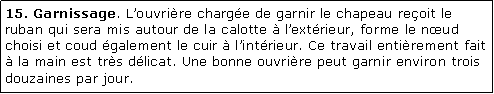 Zone de Texte: 15. Garnissage. Louvrire charge de garnir le chapeau reoit le ruban qui sera mis autour de la calotte  lextrieur, forme le nud choisi et coud galement le cuir  lintrieur. Ce travail entirement fait  la main est trs dlicat. Une bonne ouvrire peut garnir environ trois douzaines par jour.