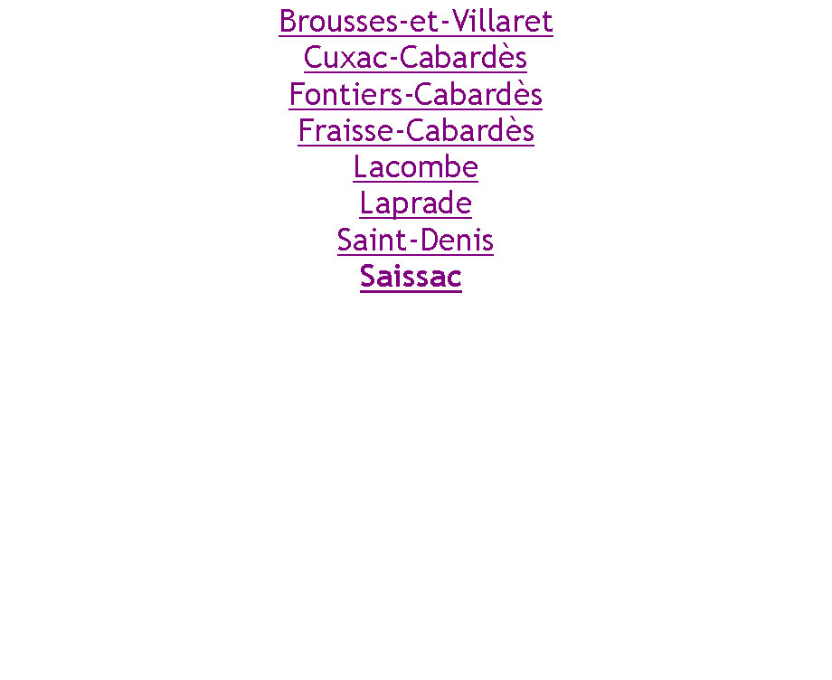 Zone de Texte: Brousses-et-VillaretCuxac-CabardsFontiers-CabardsFraisse-CabardsLacombeLapradeSaint-DenisSaissac 