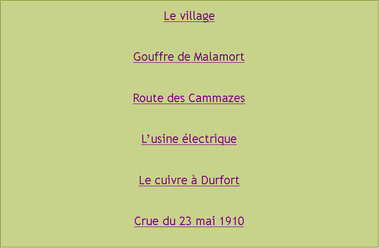 Zone de Texte: Le villageGouffre de MalamortRoute des CammazesLusine lectriqueLe cuivre  DurfortCrue du 23 mai 1910